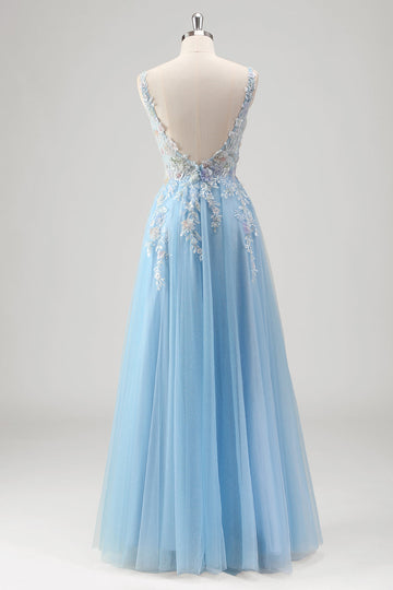 Azzurro A Line Spaghetti Straps Corsetto floreale applicato Abito da Cerimonia con fessura